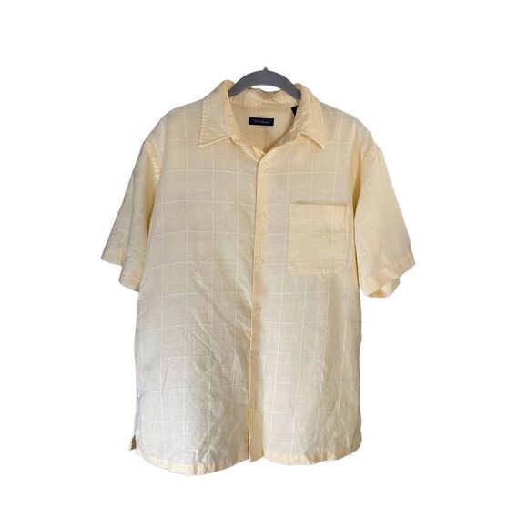Club room, men’s linen blend, short sleeve, yellow textured shirt, size med - Picture 1 of 5